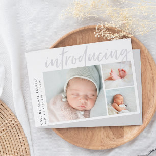 Modern Angle Three Photo Collage Birth Announcement