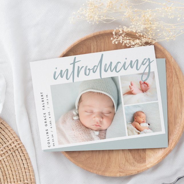 Modern Angle | Three Photo Collage Birth Announcement (Creator Uploaded)