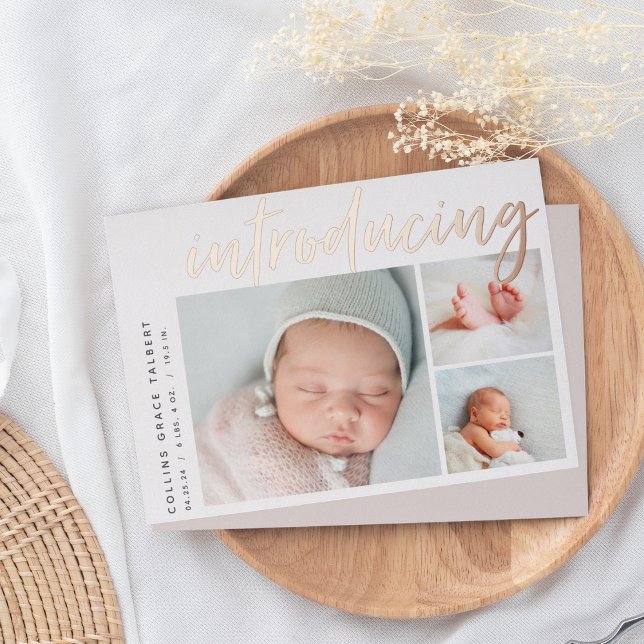 Modern Angle | Three Photo Foil Birth Announcement (Creator Uploaded)