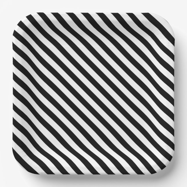 Modern Angled Black and White Stripes Paper Plate (Front)