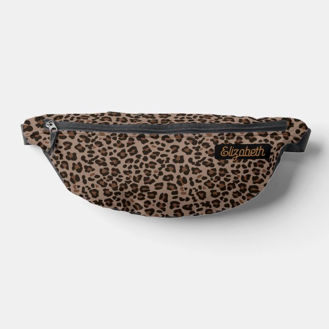 Modern Animal Leopard Skin Dark Brown Name Custom Bum Bags (Lay Down)