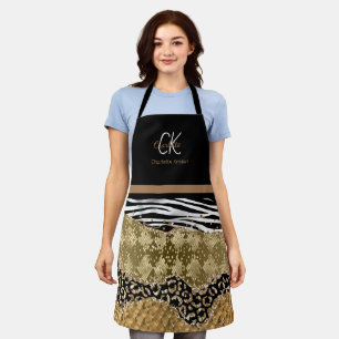 Modern Animal Print Mix pattern Brown Monogram  Apron