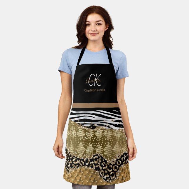 Modern Animal Print Mix pattern Brown Monogram  Apron (Worn)