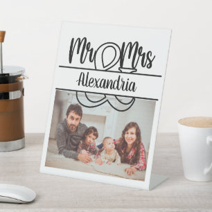 Modern Anniversary Mr and Mrs monogram photo Pedestal Sign