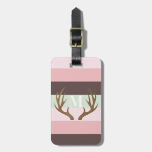 Modern Antlers Pink Green Brown Striped Monogram Luggage Tag
