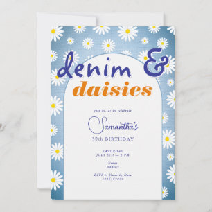 Modern Any Age Arch Denim Daisies Summer Birthday Invitation
