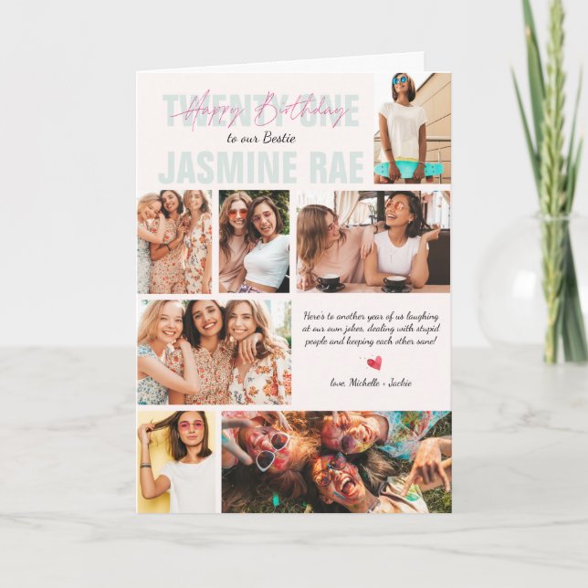 Modern Any Age Birthday | 7 Photo Collage Card (Front)