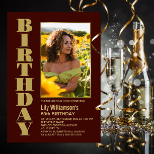 Modern Any Age Burgundy Gold Photo Birthday Party Invitation