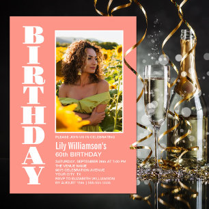 Modern Any Age Coral White Photo Birthday Party Invitation