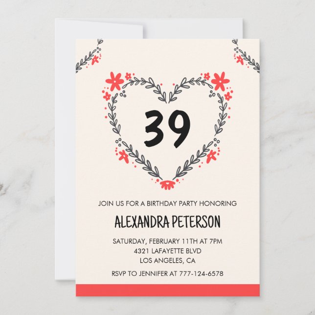 Modern Any age Floral Heart for her 39th birthday Invitation (Front)