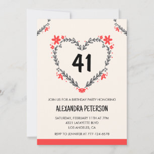 Modern Any age Floral Heart for her 41st birthday Invitation