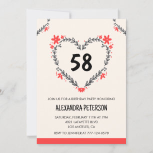 Modern Any age Floral Heart for her 58th birthday Invitation