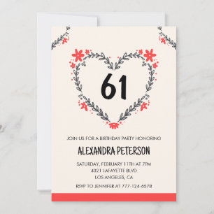 Modern Any age Floral Heart for her 61st birthday Invitation