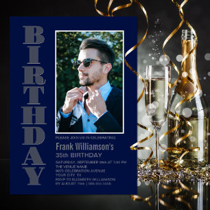 Modern Any Age Grey Navy Blue Photo Birthday Party Invitation