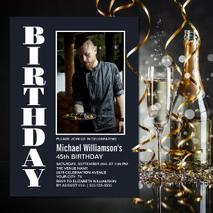 Modern Any Age Grey White Photo Birthday Party Invitation