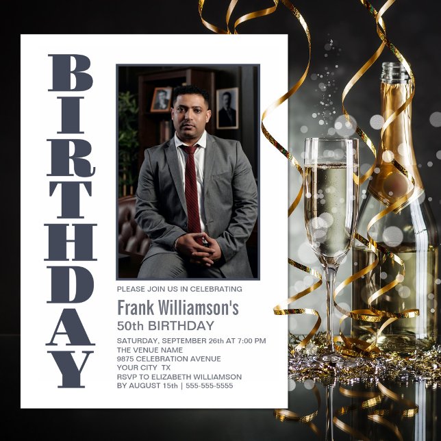 Modern Any Age Grey White Photo Birthday Party Invitation (Creator Uploaded)