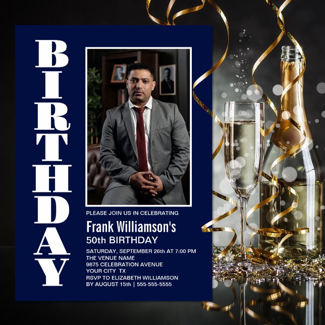 Modern Any Age Navy Blue White Photo Birthday Invitation (Creator Uploaded)