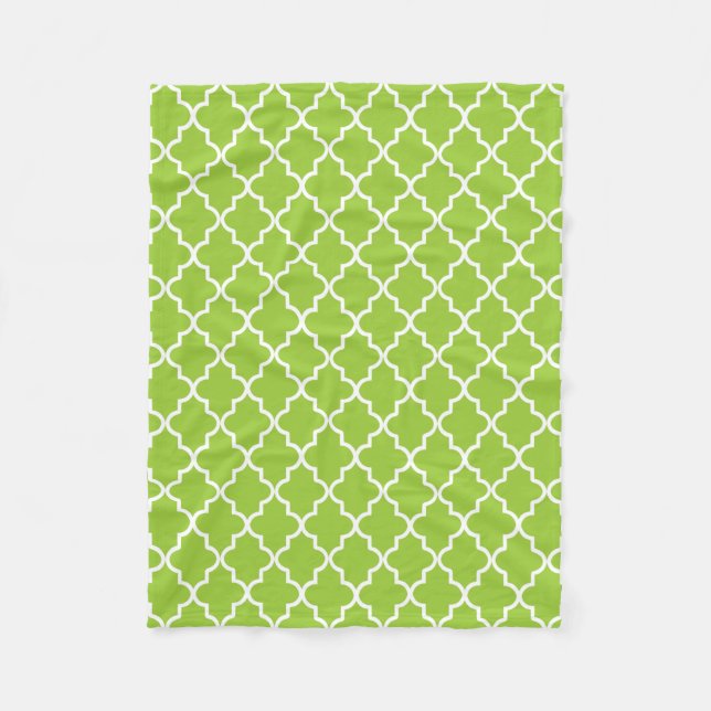 Modern Apple Green and White Moroccan Quatrefoil Fleece Blanket (Front)