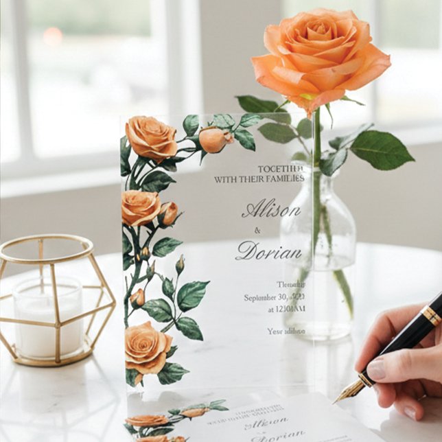 Modern Apricot Orange Rose Floral Acrylic Wedding Acrylic Invitations (Creator Uploaded)