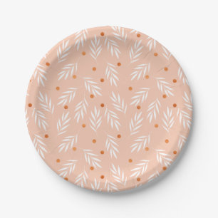 Modern Apricot Pink Floral Leaves Pattern Paper Plate