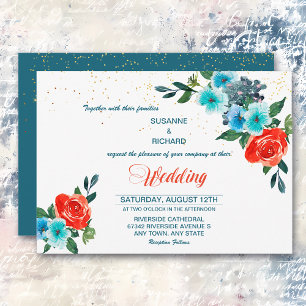 Modern Aqua and Coral Floral Wedding Invitation