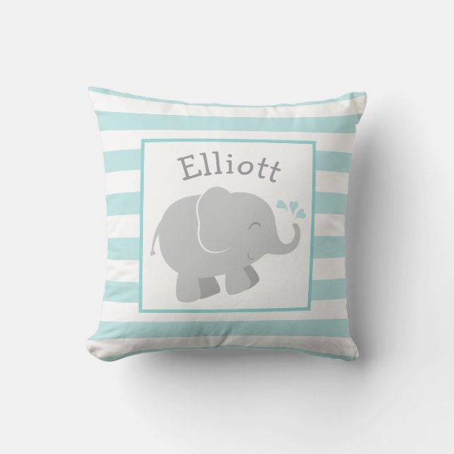 Modern Aqua and Grey Elephant Custom Monogram Cushion (Front)