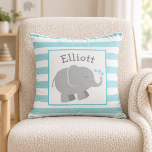 Modern Aqua and Grey Elephant Monogram Cushion
