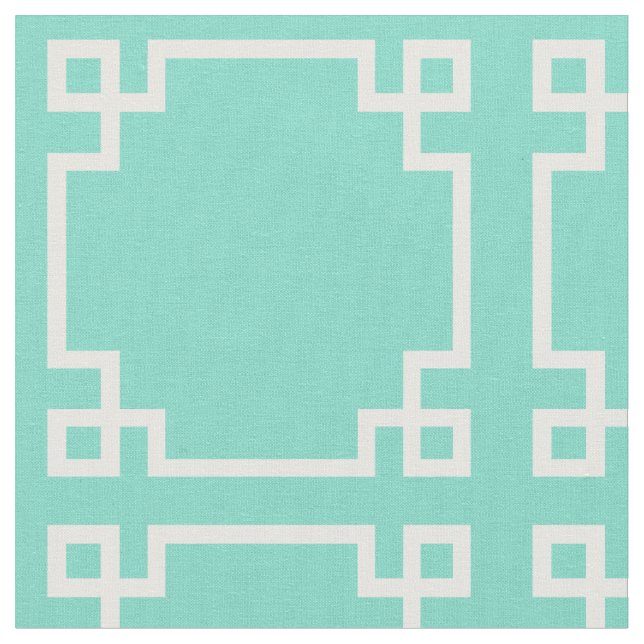 Modern Aqua and White Greek Key Pattern Fabric (Close Up)