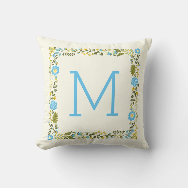 Modern aqua and yellow floral border and monogram cushion (Front)