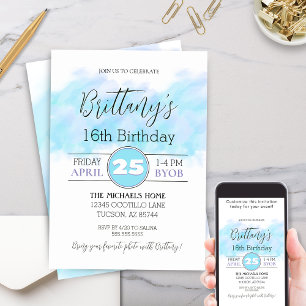 Modern Aqua Blue 16th Any Birthday Invitation