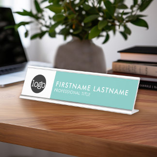 Modern Aqua Blue and White - Add Logo, Name, Title Desk Name Plate
