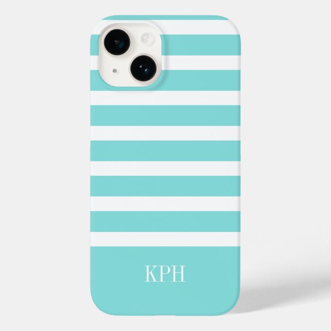 Modern Aqua Blue and White Stripe with Monogram  Case-Mate iPhone Case (Back)