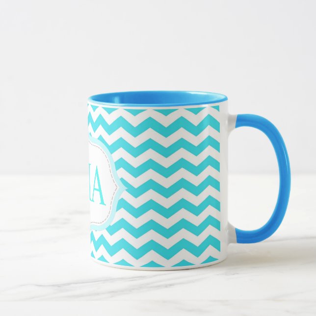 modern aqua blue chevron stripes monogram initials mug (Right)