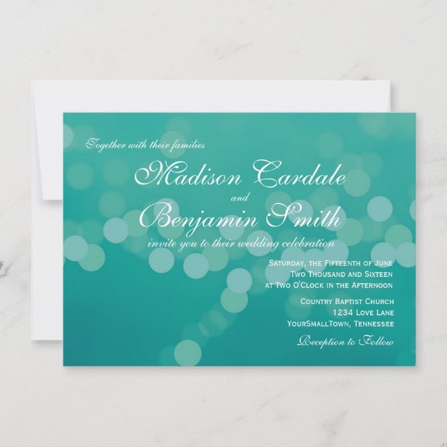Modern Aqua Blue Green Bokeh Wedding Invitations (Front)