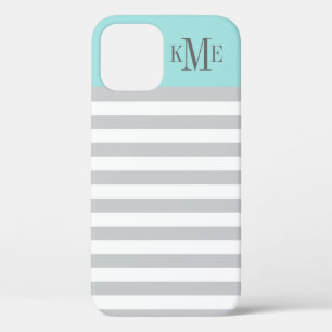 Modern Aqua Blue Grey Stripes Custom Monogram iPhone 12 Case