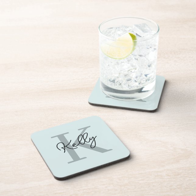 Modern Aqua Blue Monogram Script Coaster (Right Side)