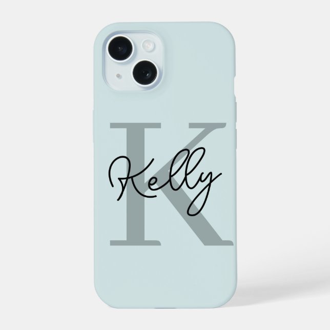 Modern Aqua Blue Monogram Script iPhone 15 Case (Back)