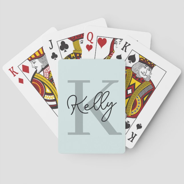 Modern Aqua Blue Monogram Script Playing Cards (Back)