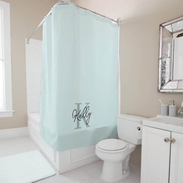 Modern Aqua Blue Monogram Script Shower Curtain (In Situ)