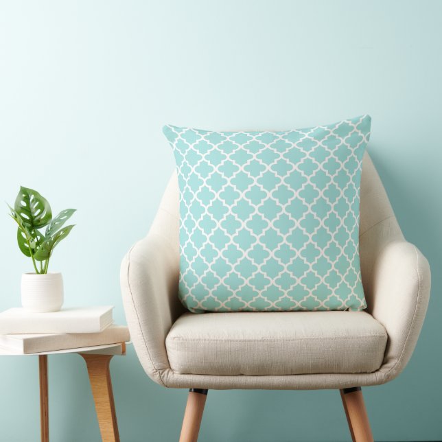 Modern Aqua Blue Moroccan Quatrefoil Pattern Cushion (Chair)