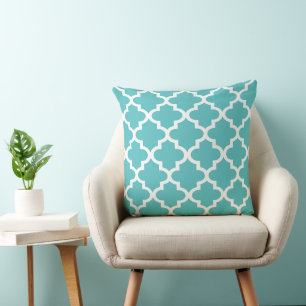 Modern Aqua Blue Moroccan Quatrefoil Pattern Cushion