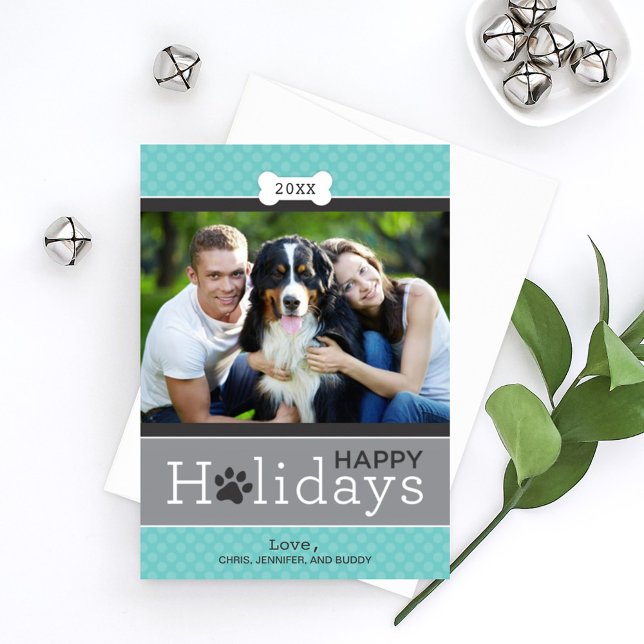 Modern Aqua Blue Puppy Dog Theme Happy Holidays Holiday Card (Creator Uploaded)