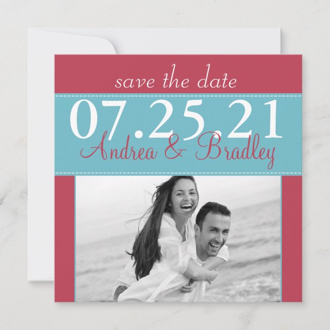 Modern Aqua Blue Red Wedding Photo Save the Date (Front)