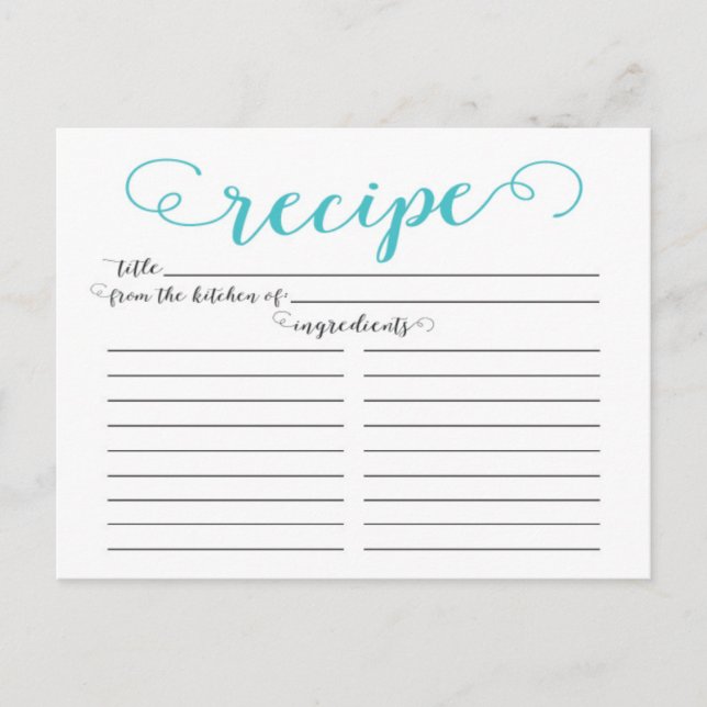 Modern Aqua Blue Script Bridal Shower Recipe Cards (Front)