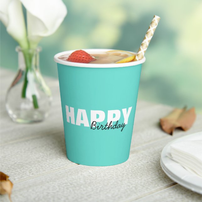 Modern Aqua Blue Typography Happy Birthday    Paper Cups (Insitu)