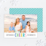 Modern Aqua Cheers Happy Holidays Photo Holiday Card<br><div class="desc">Simple and modern holiday photo card features your photo with multi-coloured "Cheers" wording and custom text for a seasonal message, your family name, and year. The back of the card includes a pattern of diagonal stripes. Cheerful colours, perfect for a summer / vacation photo, include sky blue, mint green, violet...</div>