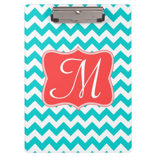 Modern Aqua Chevron Monogram Initial Clip Board (Front)