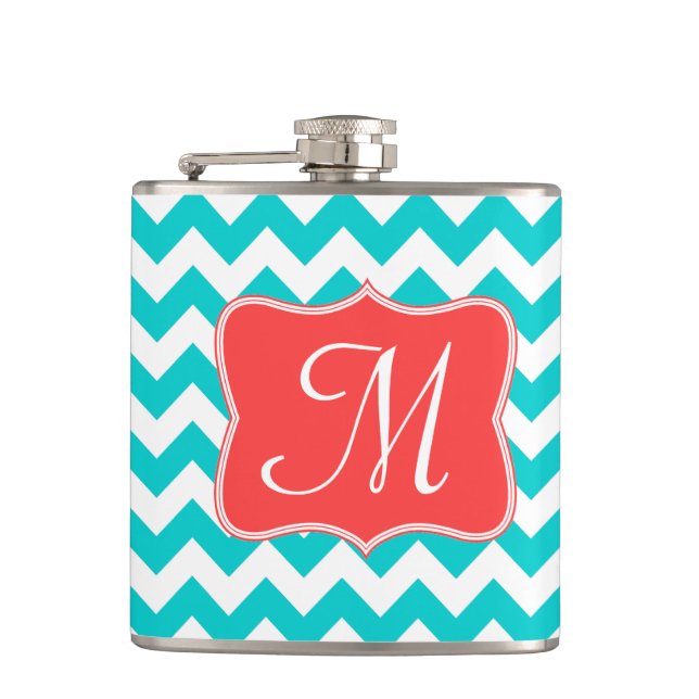 Modern Aqua Coral Chevron Monogram Whiskey Flask (Front)