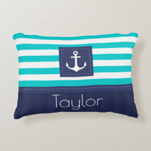 Modern Aqua Dark Blue Nautical Anchor Design Decorative Cushion
