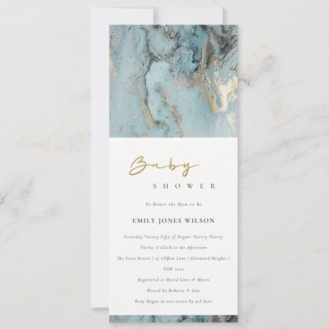 MODERN AQUA DUSKY BLUE GOLD AGATE BABY SHOWER INVITATION (Front)